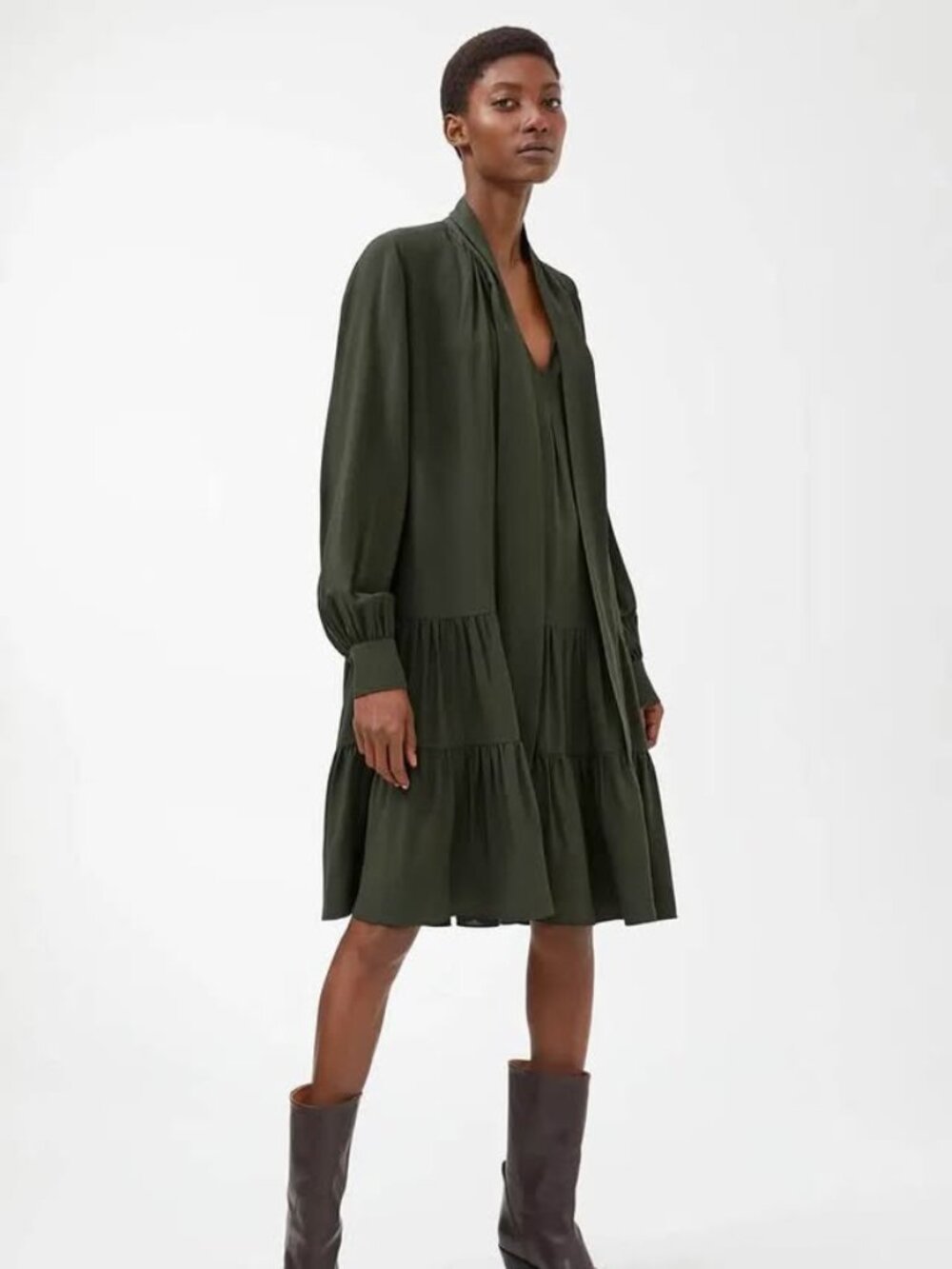 Arket Olive Green Tired Ruffle Dress with Bow Size Medium